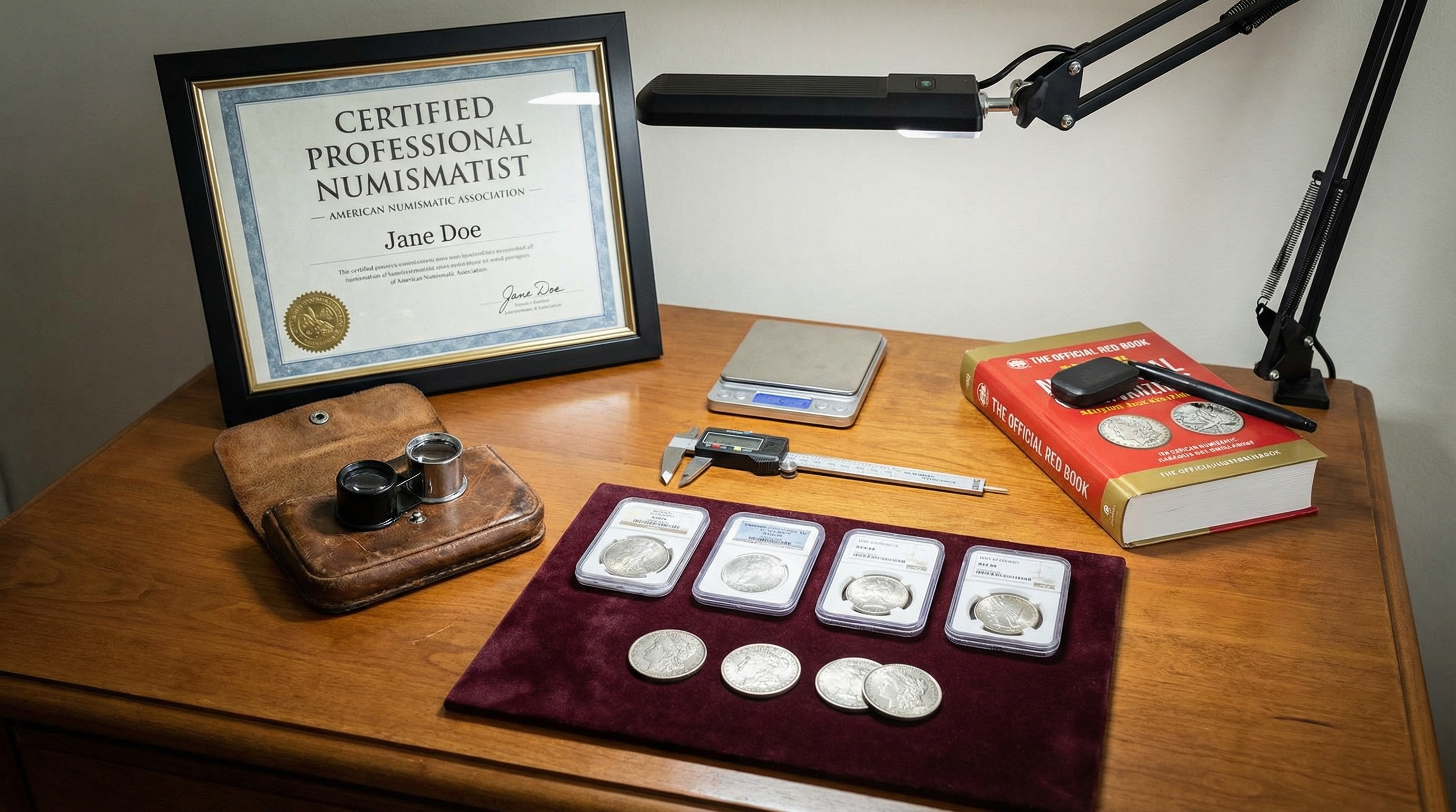 Certified coin appraiser credentials and professional tools on desk