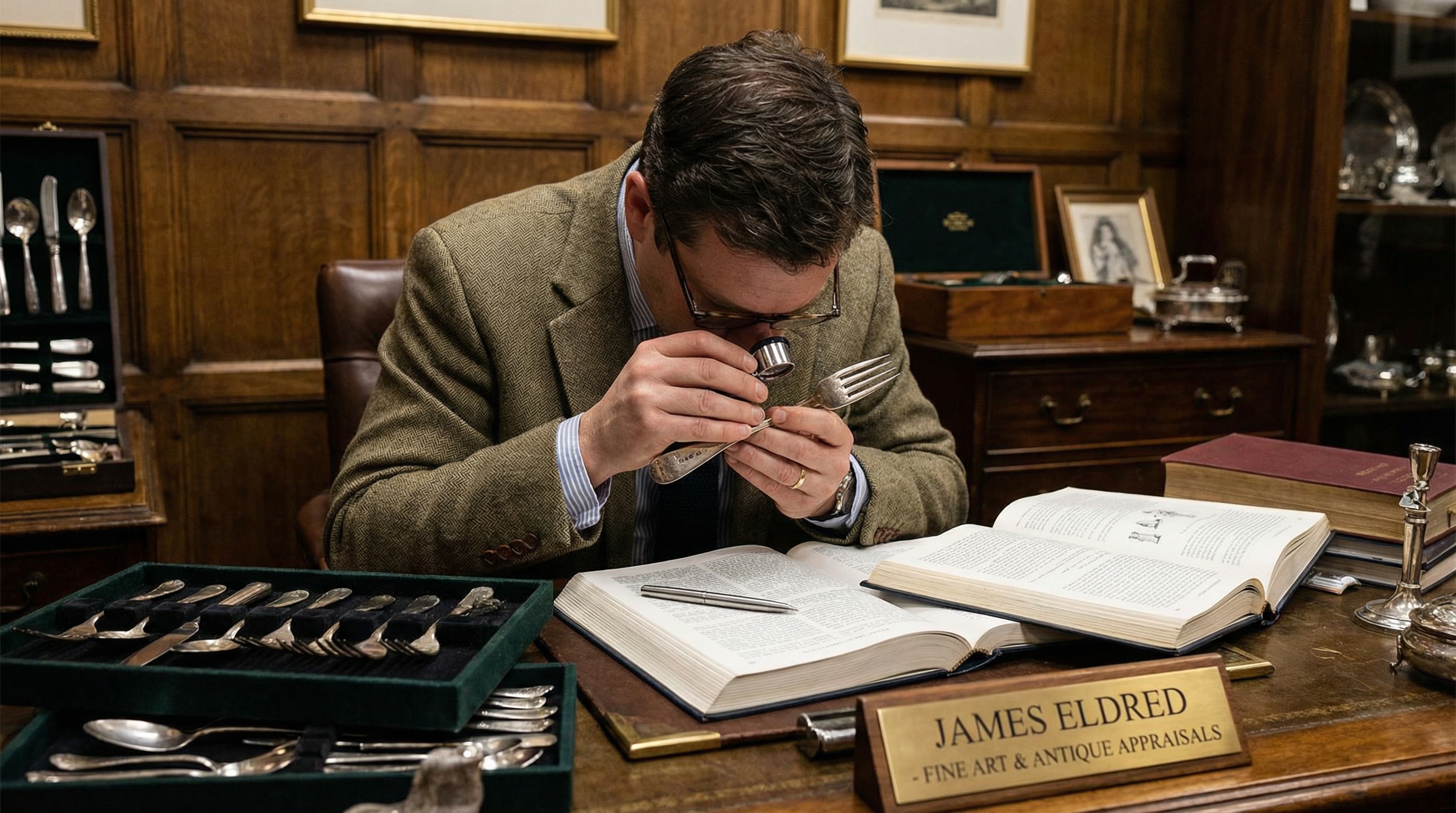 Professional appraiser examining silver hallmarks with magnifying glass