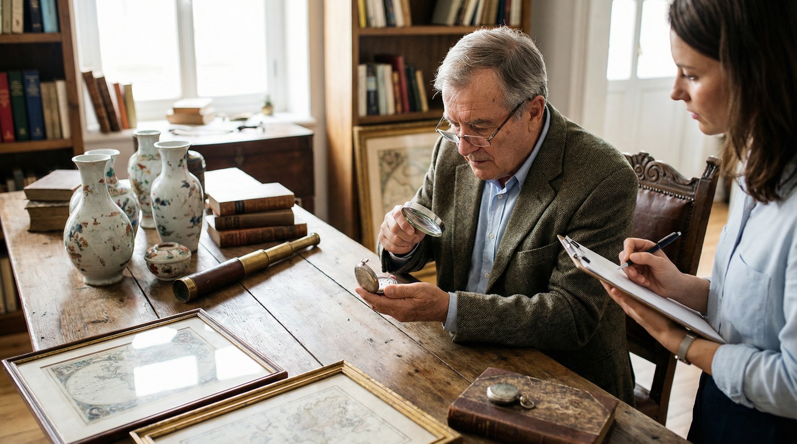 Antique appraisal expert examining vintage items