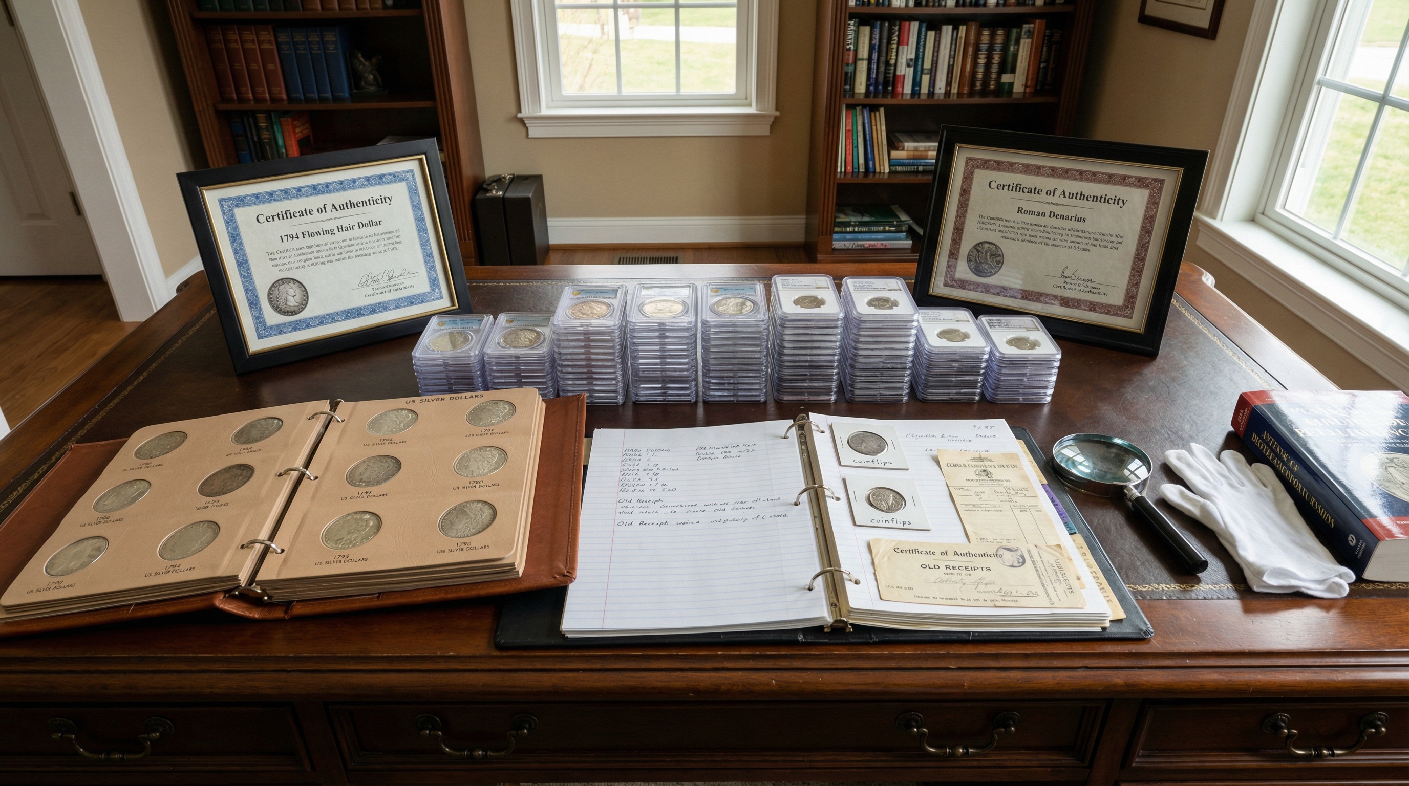 Organized coin collection with documentation and certificates
