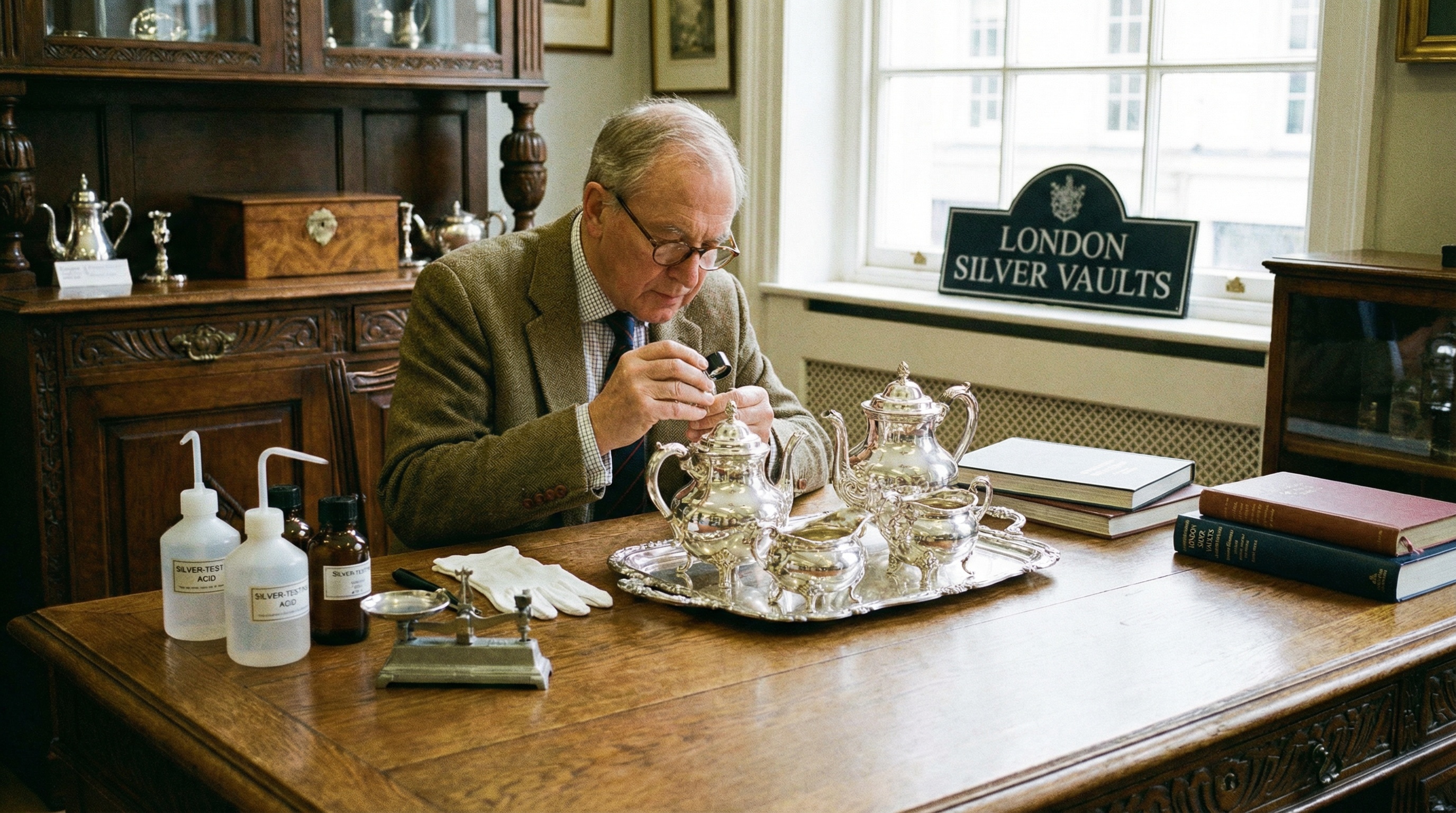 Professional appraiser examining antique silver pieces with magnifying glass and tools