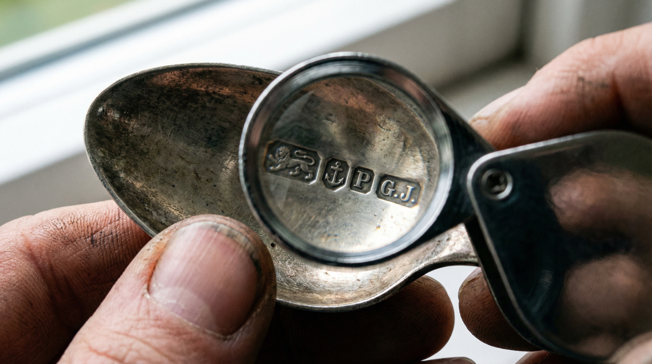 Close-up of sterling silver hallmarks and maker's marks being examined