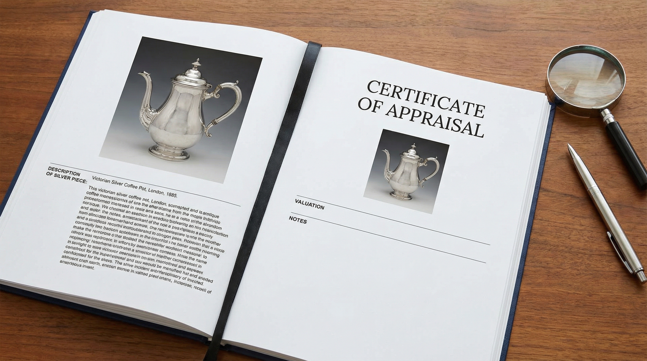 Professional appraisal report showing detailed silver piece documentation with photographs