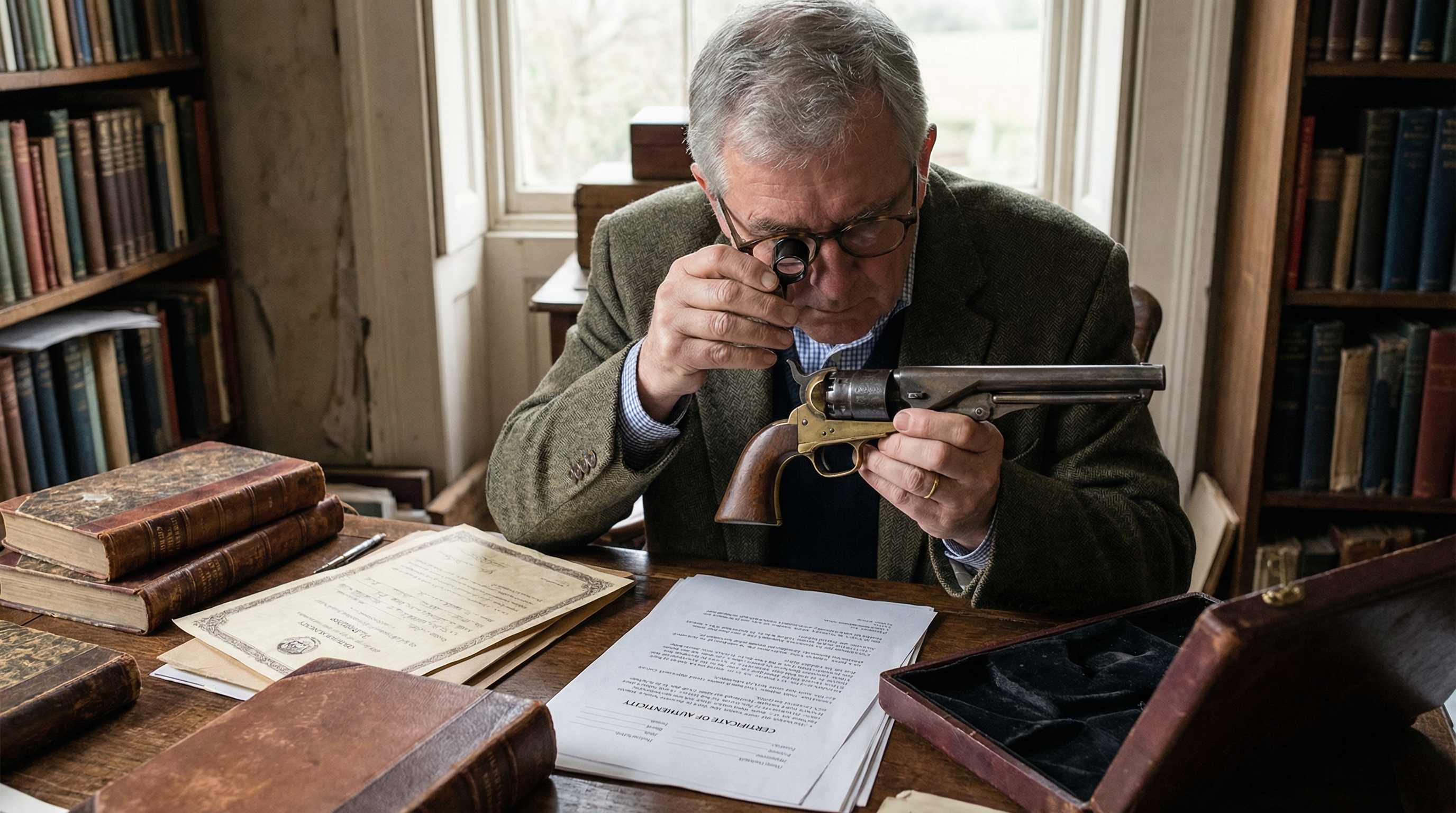 Professional appraiser examining antique Colt revolver with magnifying glass and documentation
