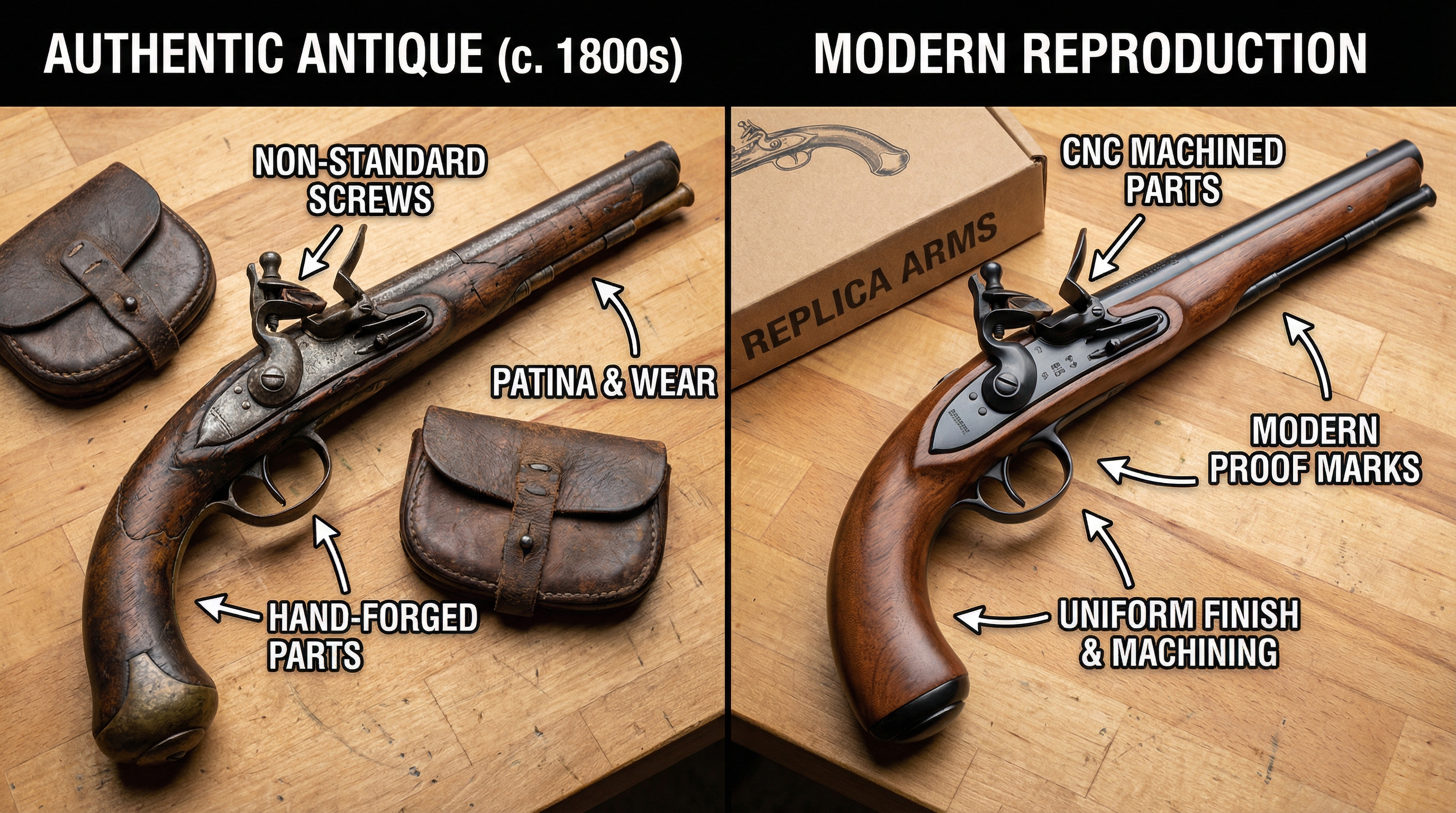 Side-by-side comparison of authentic antique gun versus modern reproduction showing key identifying features