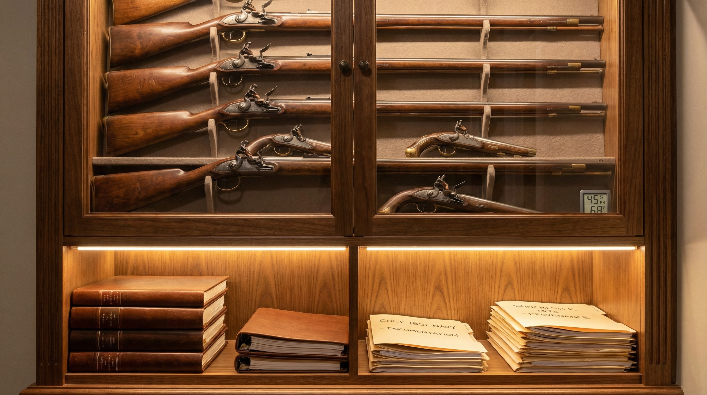 Properly stored antique gun collection in climate-controlled display case with documentation folders