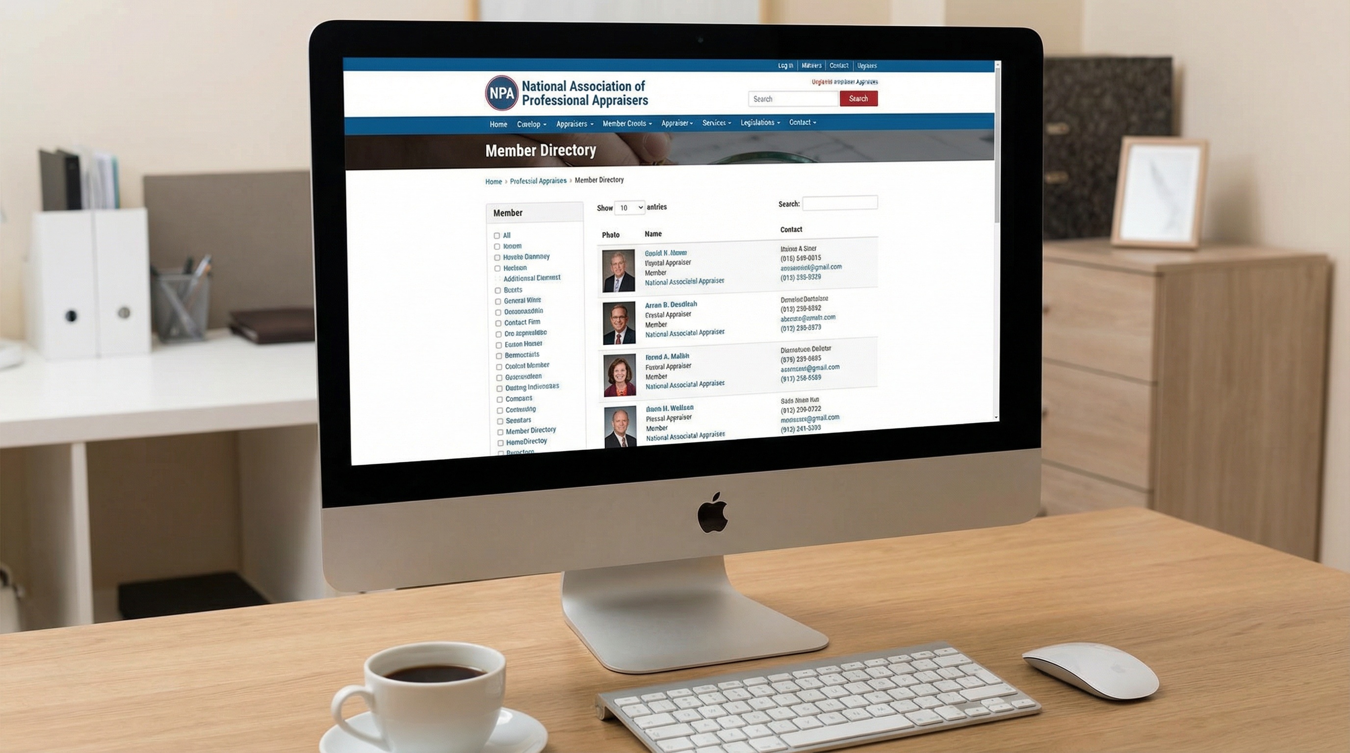 Computer screen showing professional appraiser association website