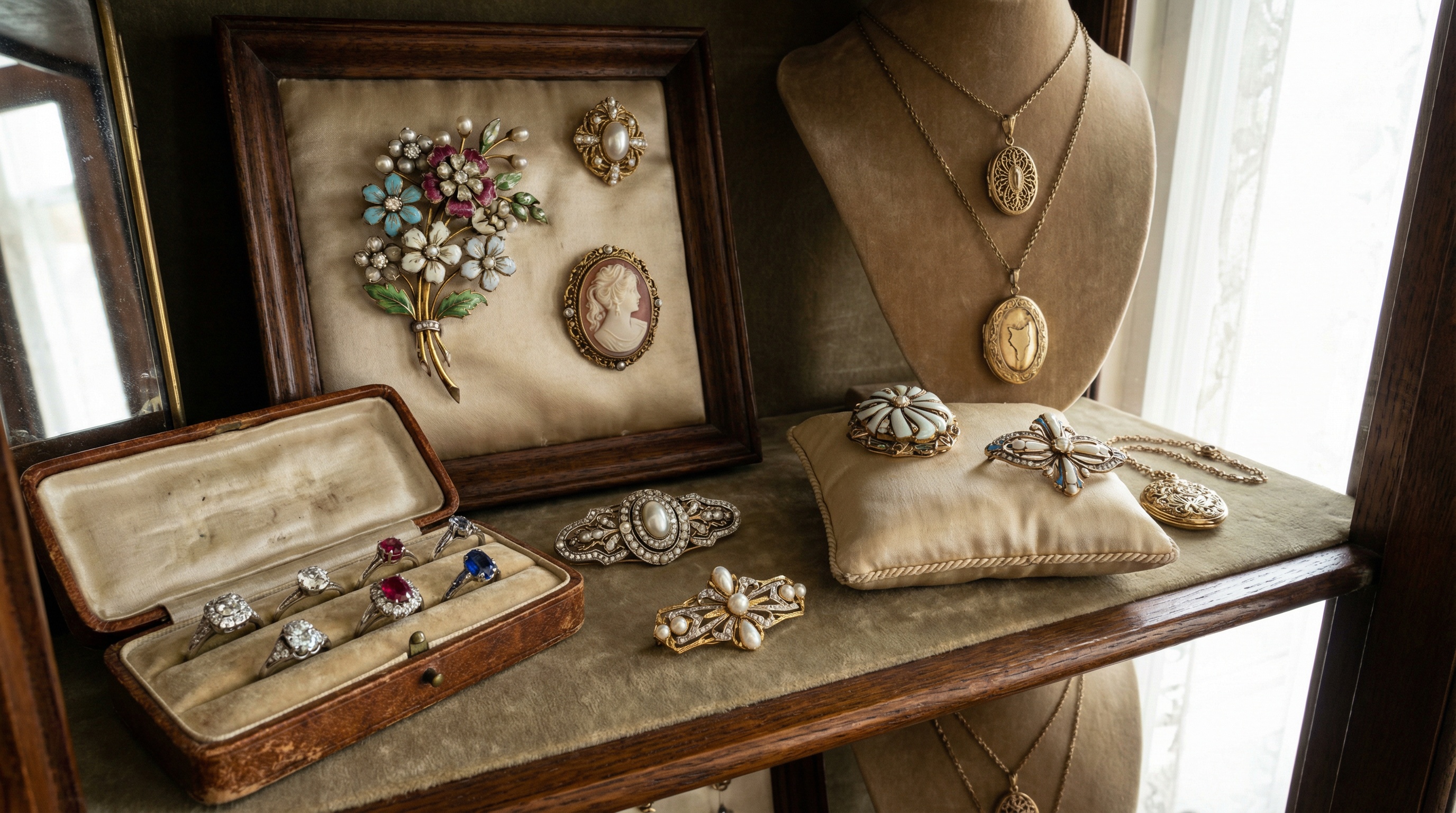 Antique jewelry collection with vintage rings, brooches and necklaces on elegant display