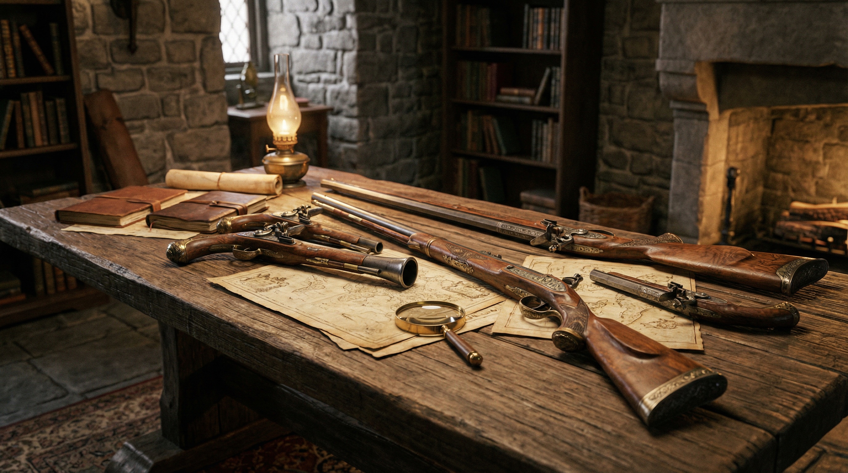 Antique gun collection displayed on wooden table with appraisal documents