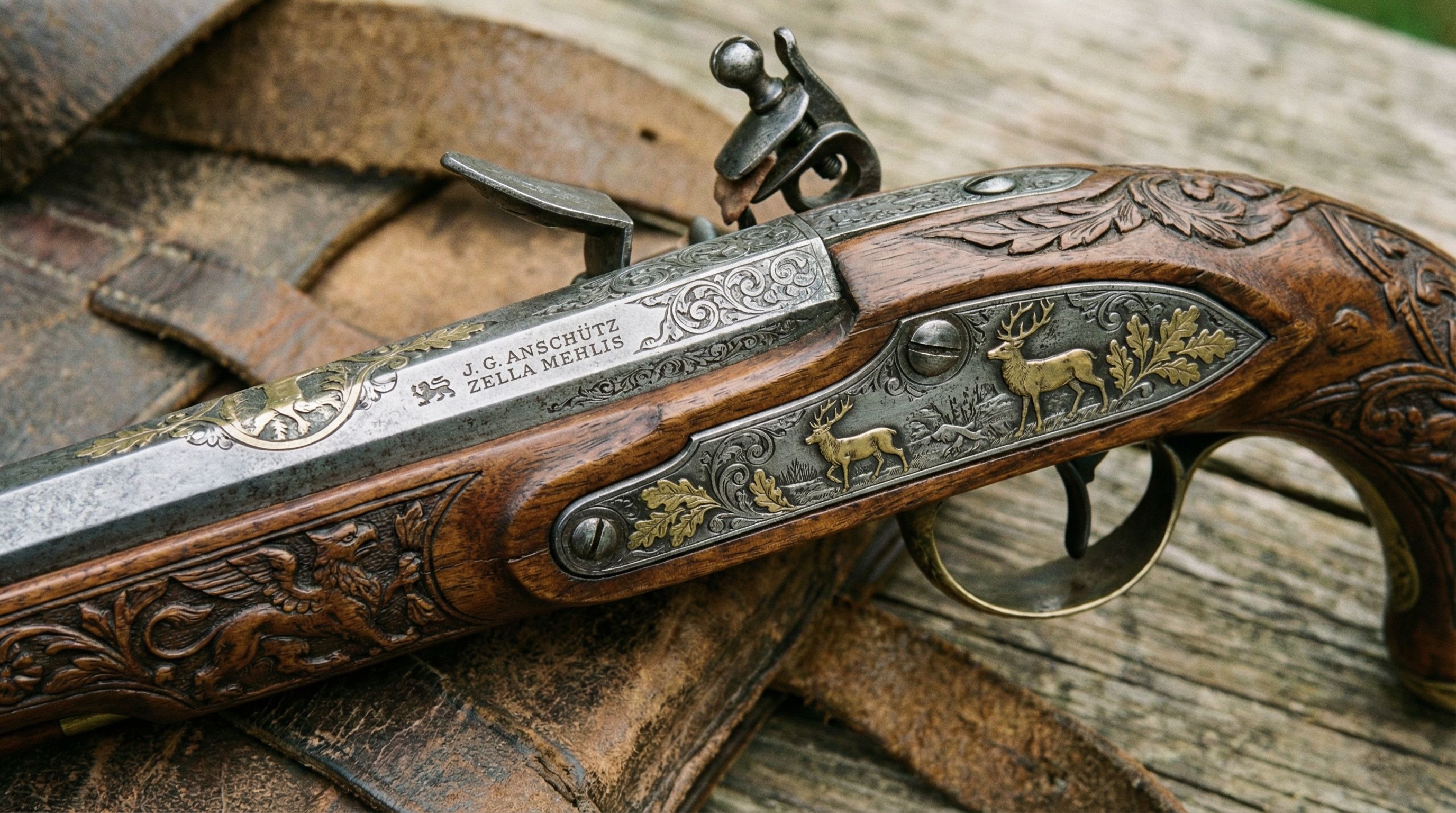 Close-up of antique flintlock pistol showing detailed craftsmanship and markings