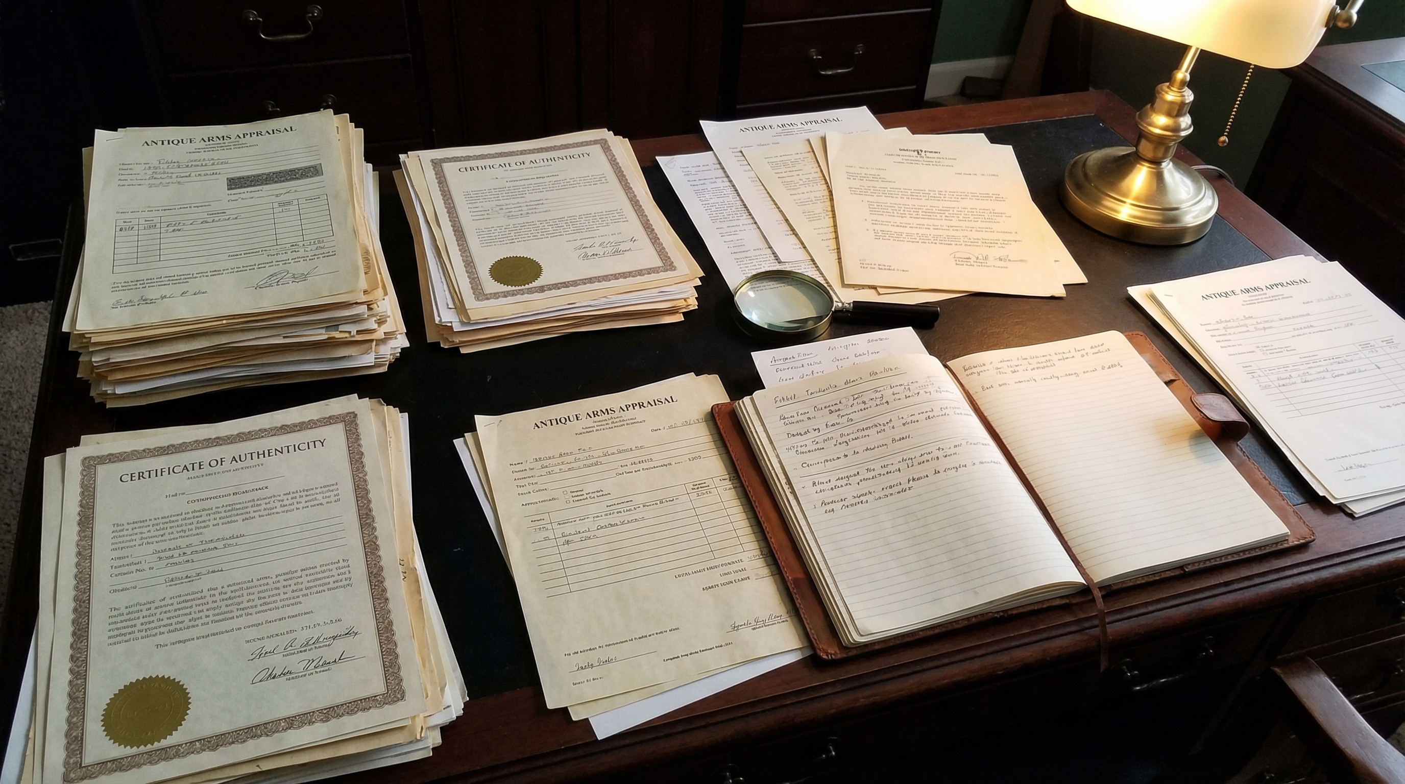 Antique gun appraisal documents and certificates on desk