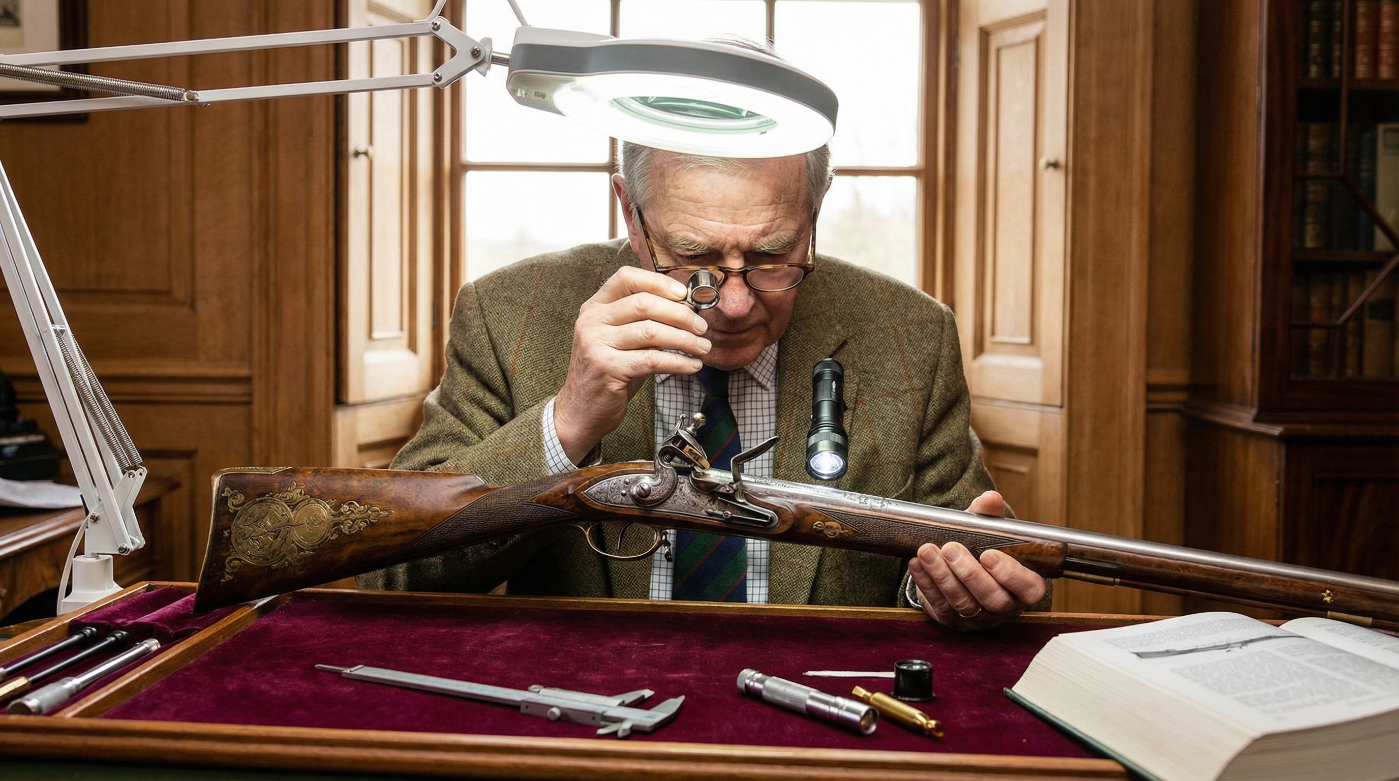 Professional appraiser examining antique rifle with magnifying glass