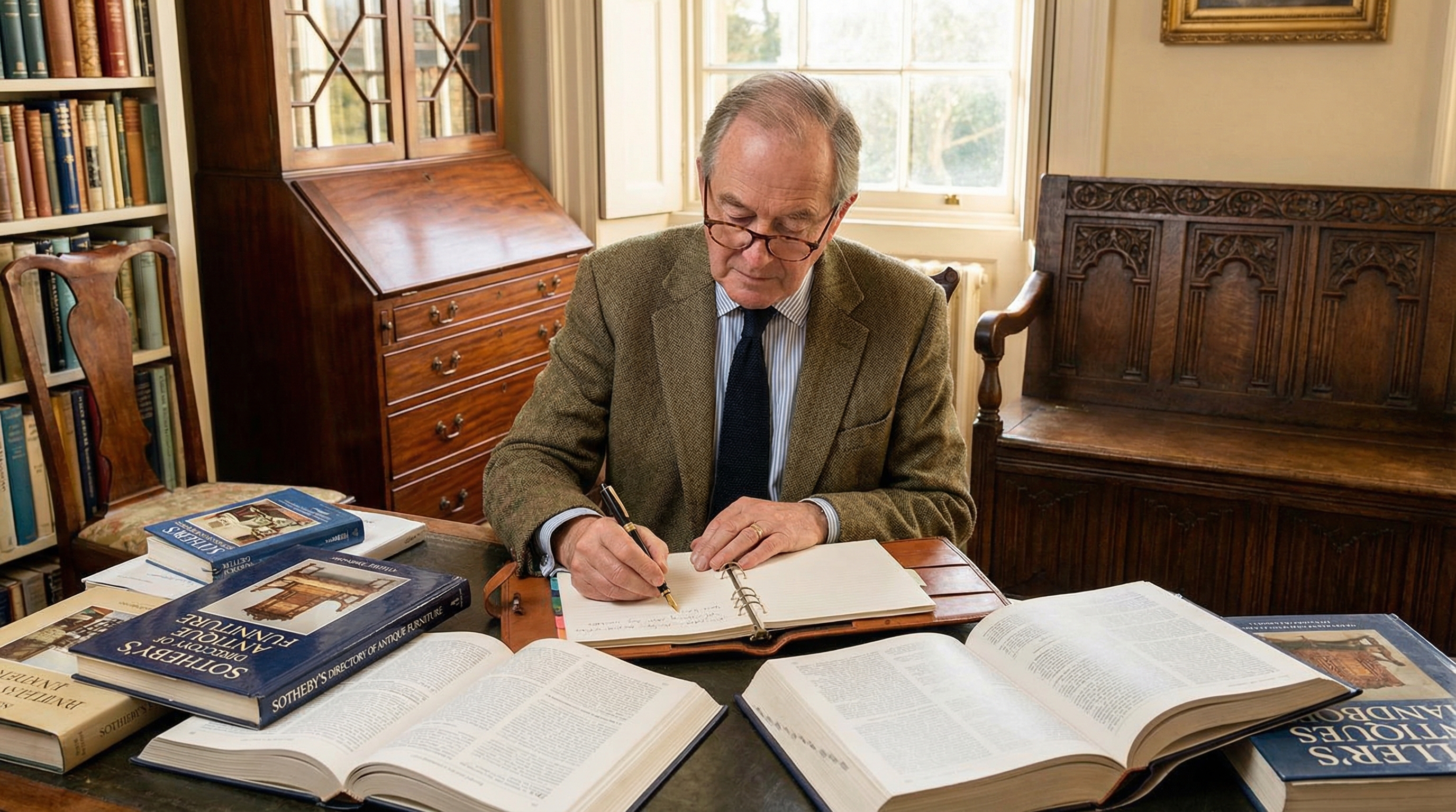 Professional appraiser writing detailed report with antique furniture and reference books in background