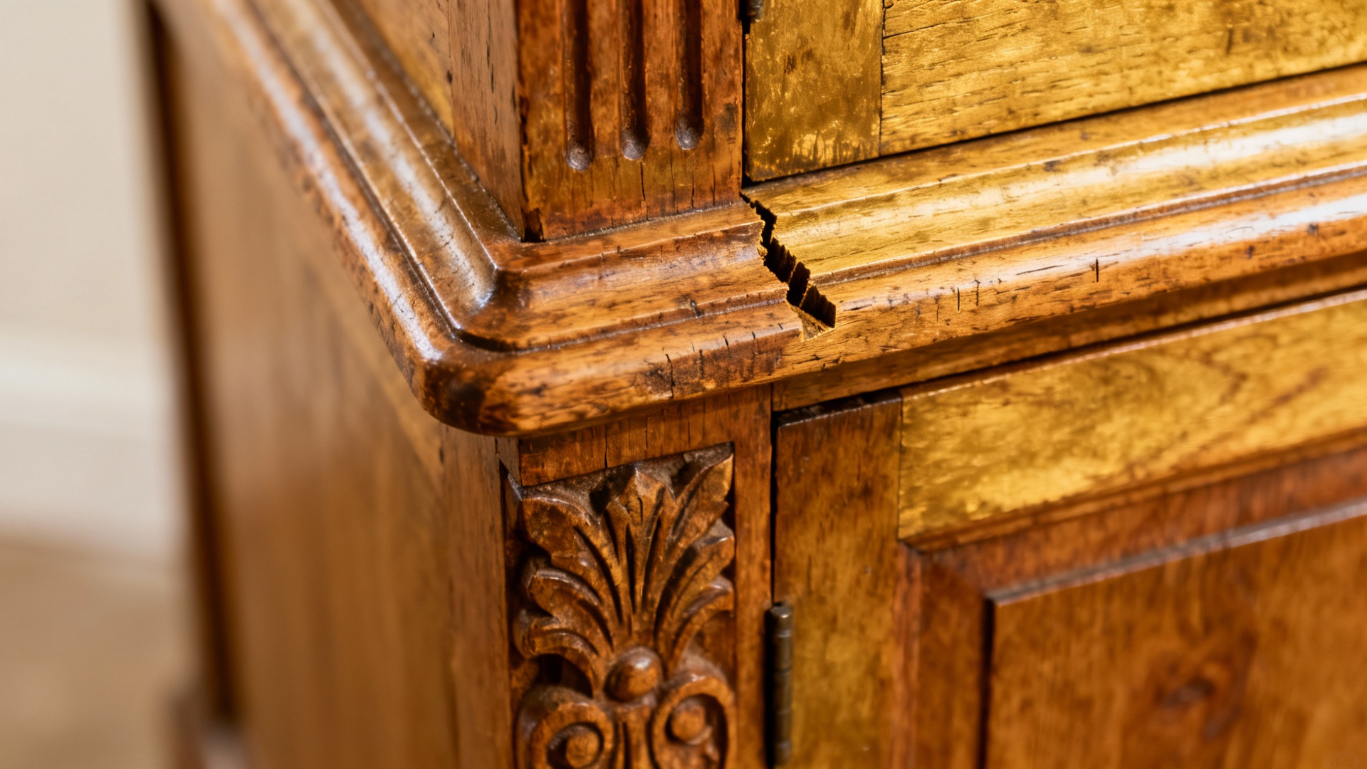 Close-up of antique furniture dovetail joints and hand-carved details showing quality craftsmanship