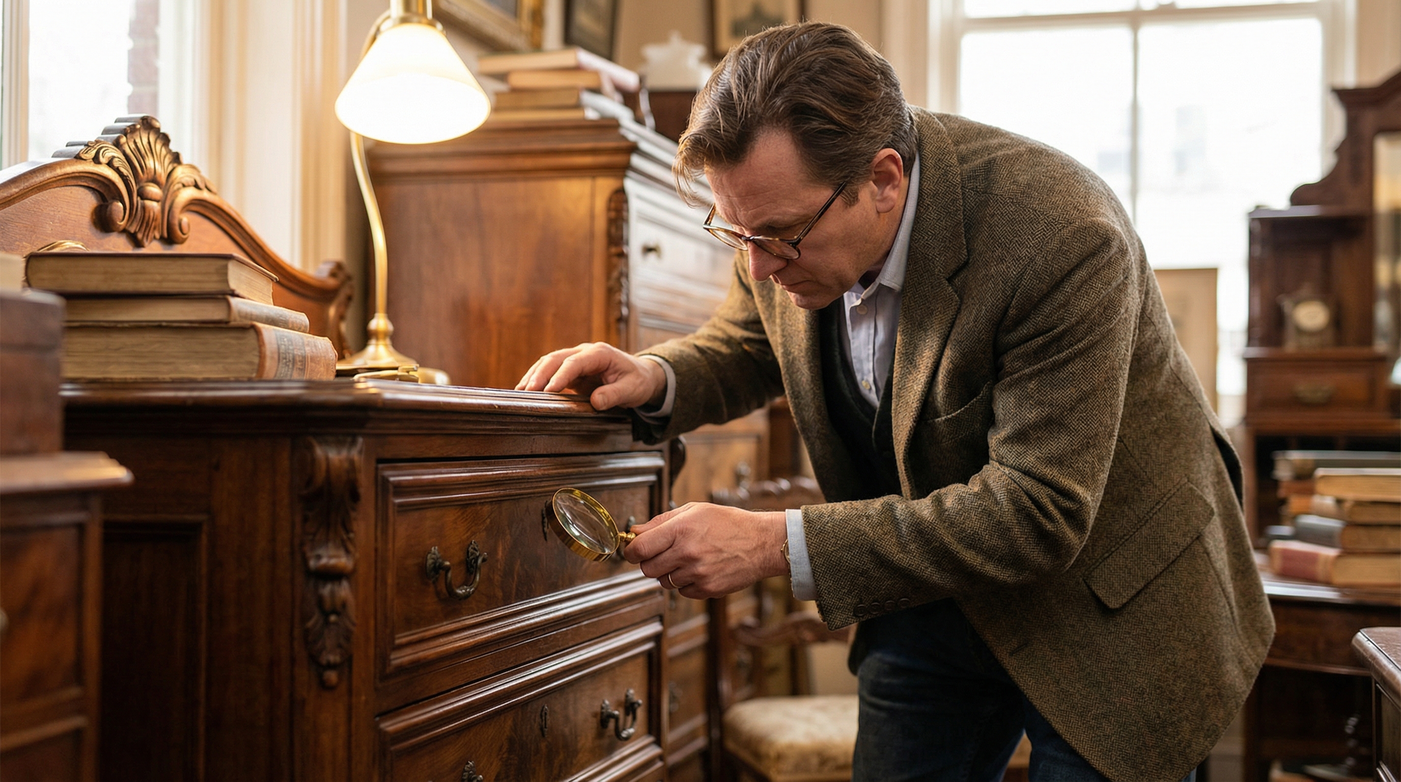 Antique furniture appraisal expert examining vintage wooden dresser with magnifying glass