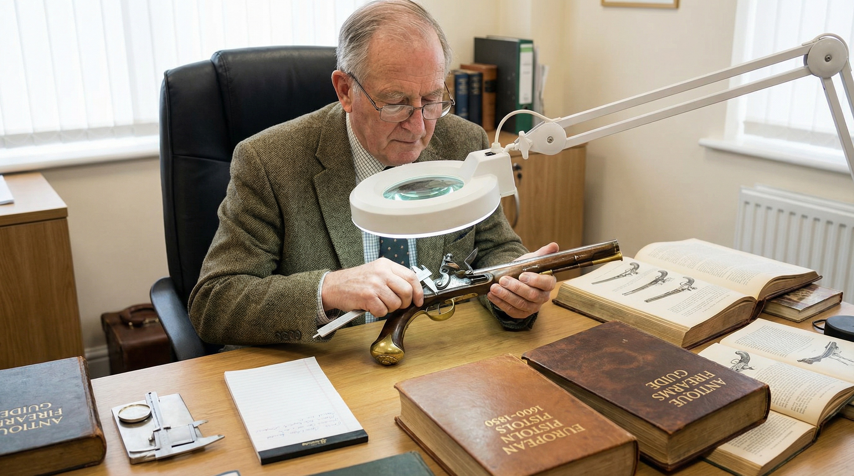Professional appraiser examining antique pistol with measuring tools and reference books