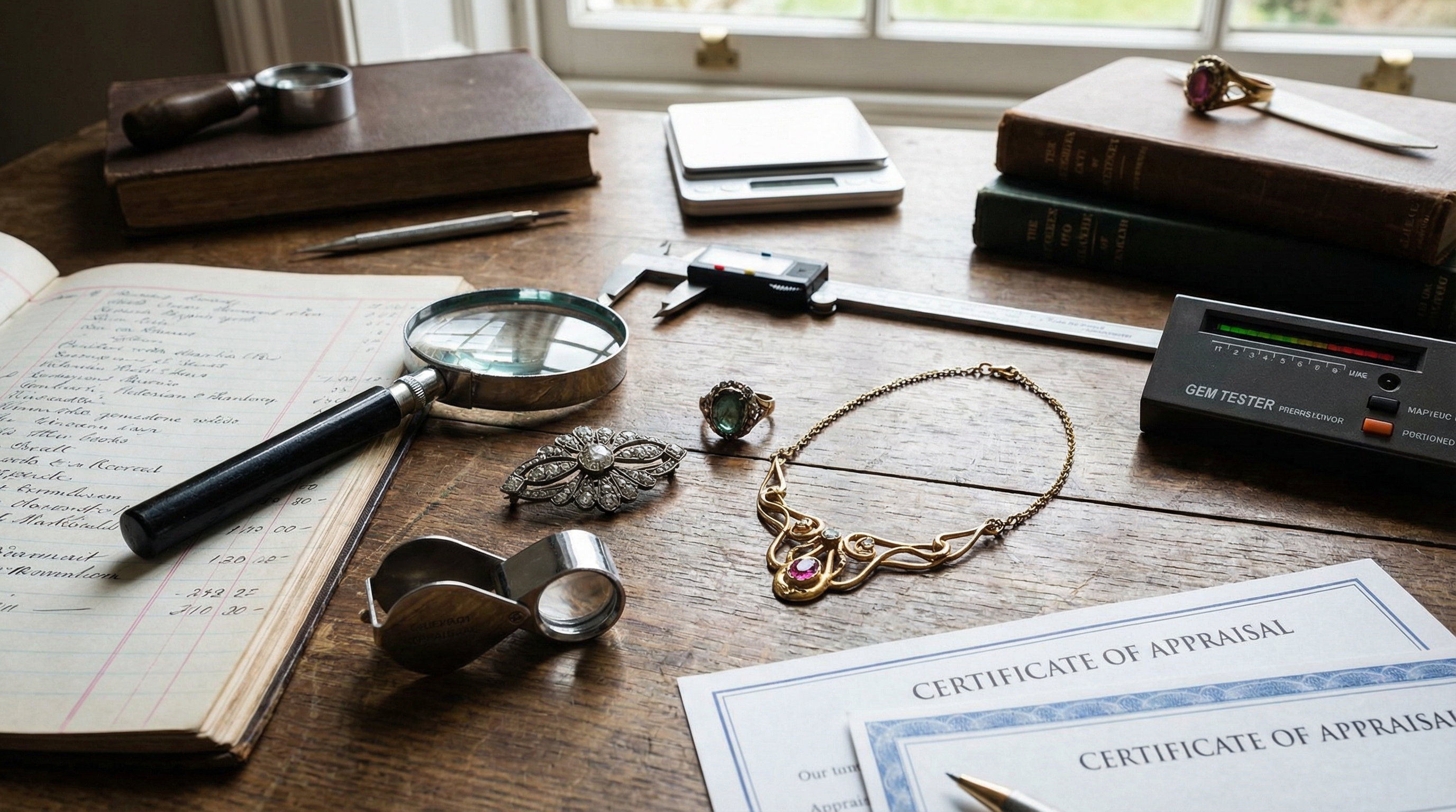 antique jewelry pieces on appraisal table with magnifying glass and professional tools